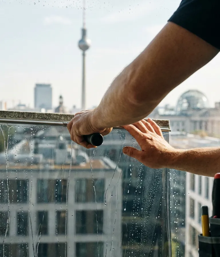 Monteur streicht Fensterfolie mit der Rakel auf eine nasse Scheibe, im Hintergrund der Berliner Fernsehturm