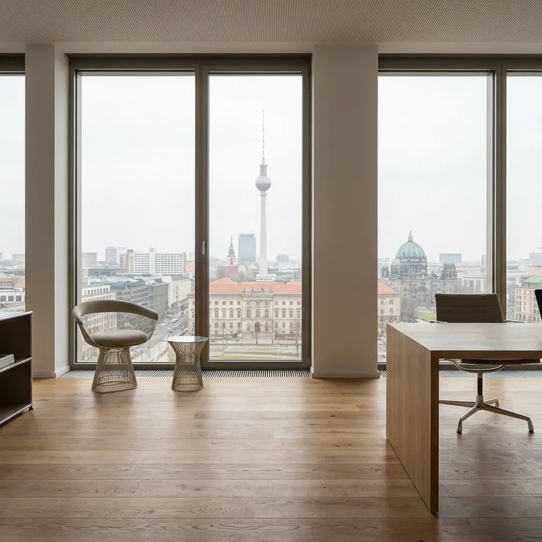 Helles Büro in Berlin mit blendfreiem Tageslicht dank Sonnenschutzfolie