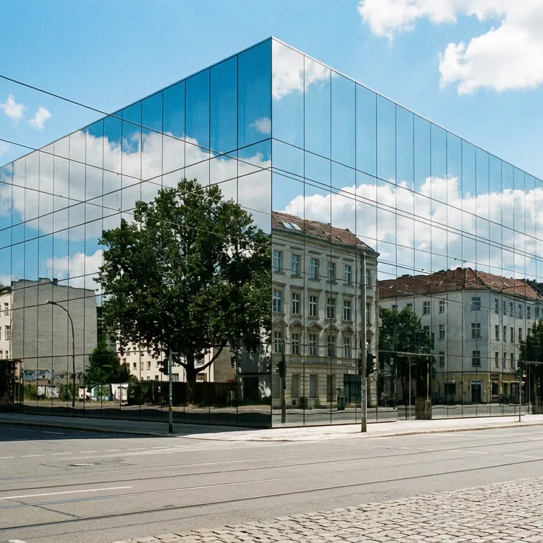 Gebäude mit Spiegelfolie, in der Fassade spiegeln sich Himmel, Baum und Altbauten