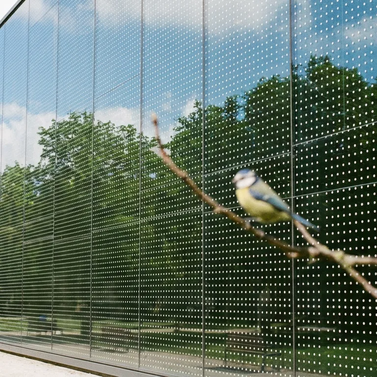 Glasfassade mit Punktraster aus Vogelschutzfolie, davor eine Blaumeise