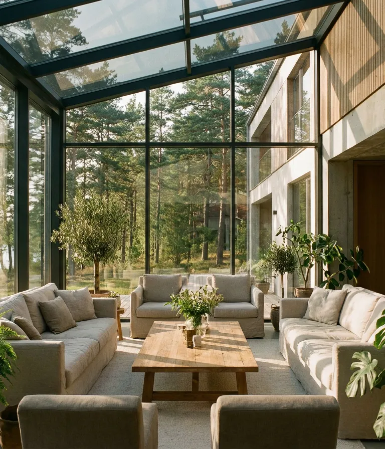 Wintergarten einer Villa mit Glasdach, Sofas und Pflanzen im Nachmittagslicht